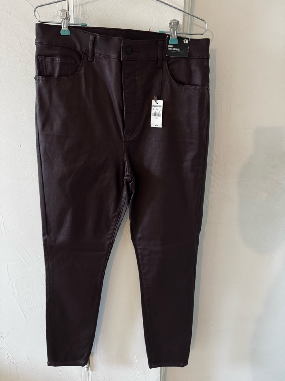 Express Coated Skinny Pants in Deep Plum